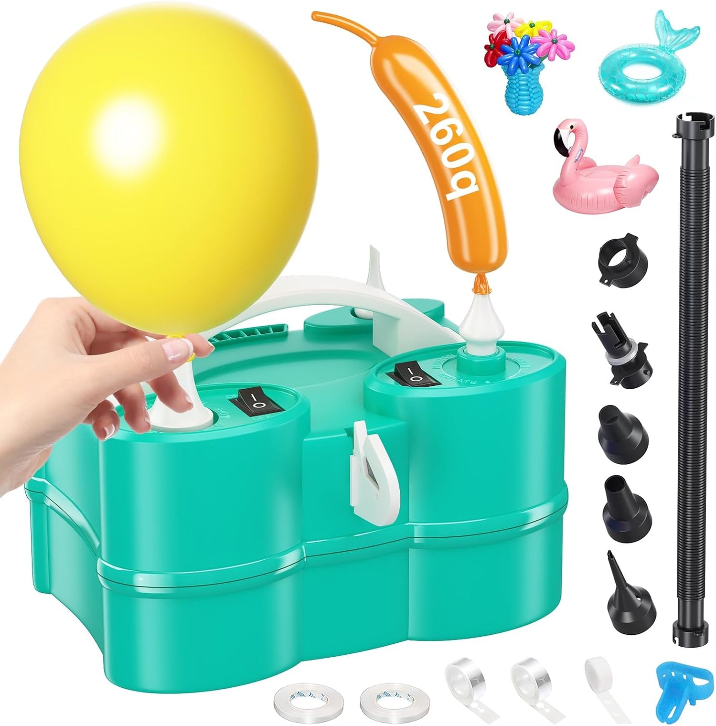 Electric Balloon Pump, Dagelar 3-in-1 Air Pump for Inflatables and Balloons, Portable Balloon Pump for Latex 260Q Long Foil Balloons, 110V Dual Nozzle Inflator Deflator for Pool Floats Air Beds (Teal)