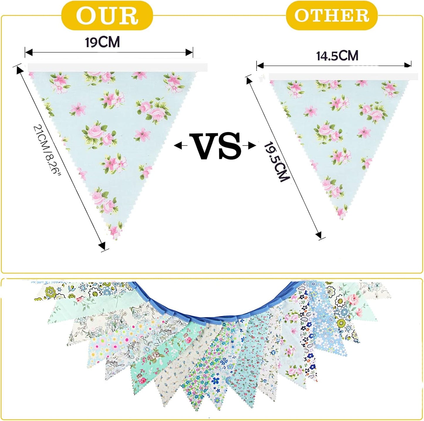 jijAcraft 39Ft Triangle Bunting Banner, 42Pcs Tea Floral Party Bunting Cotton Fabric Flags Pennant Garlands for Birthday Party, Wedding, Baby Shower, Outdoor and Home Decorations (Pink)