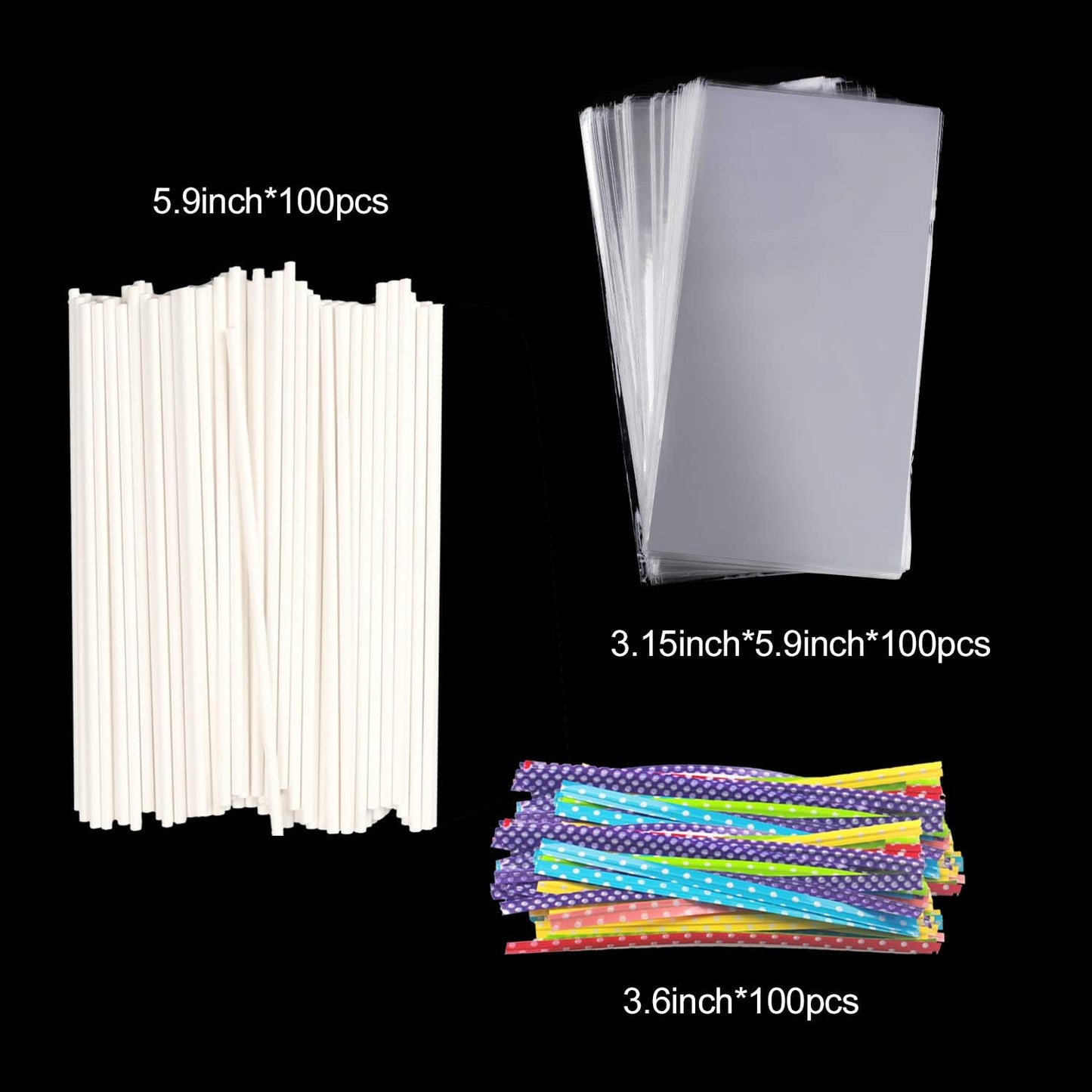 300PCS Lollipop Cake Pop Treat Bag Set Including 100pcs Parcel Bags, Papery Treat Sticks, Gold Metallic Twist Ties for Making Candies, Chocolates and Cookies