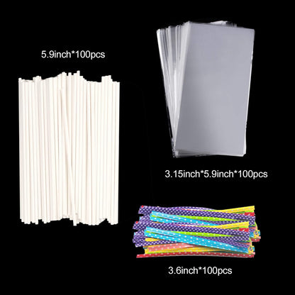 300PCS Lollipop Cake Pop Treat Bag Set Including 100pcs Parcel Bags, Papery Treat Sticks, Gold Metallic Twist Ties for Making Candies, Chocolates and Cookies