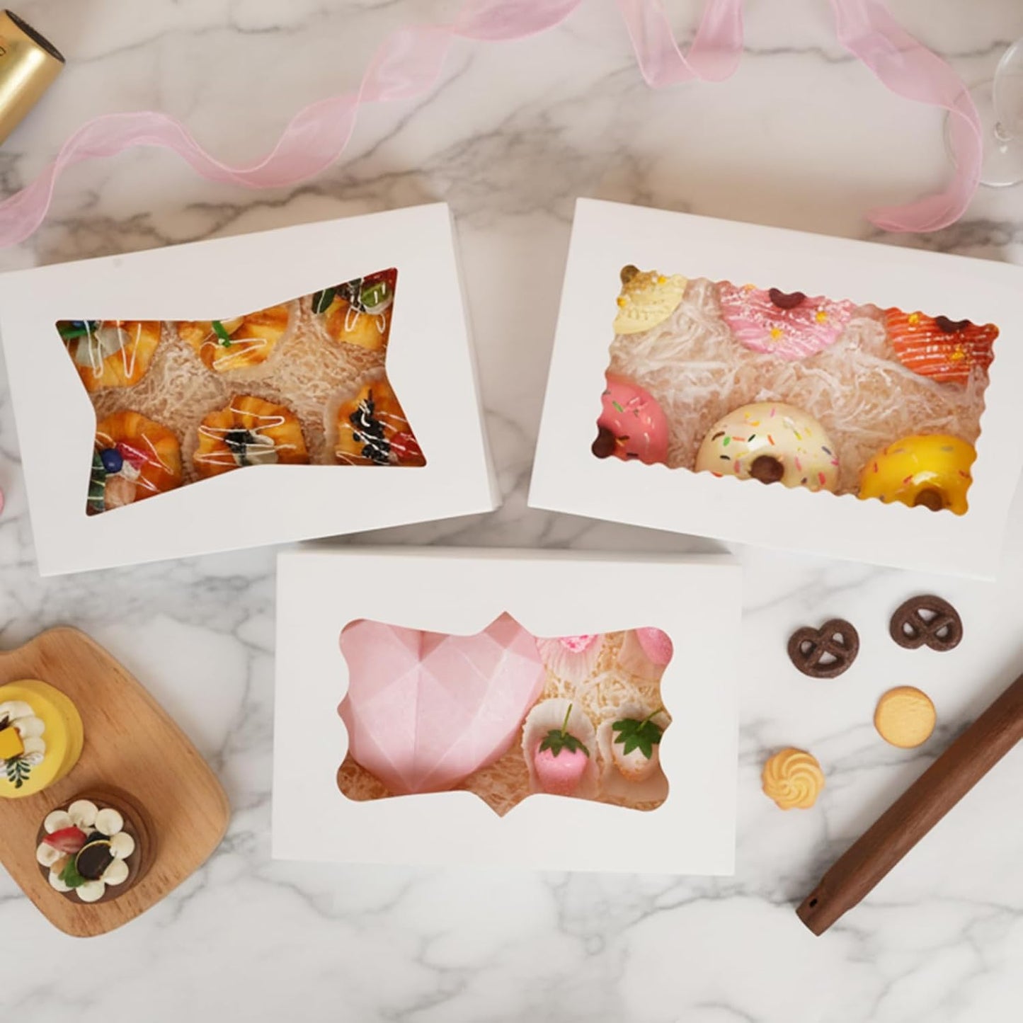 Moretoes 48pcs Bakery Boxes,12x8x2.5 Inches Cookie Boxes with 3 Style Window for Chocolate Covered Strawberries, Desserts, Cookies, with 4pcs Stickers