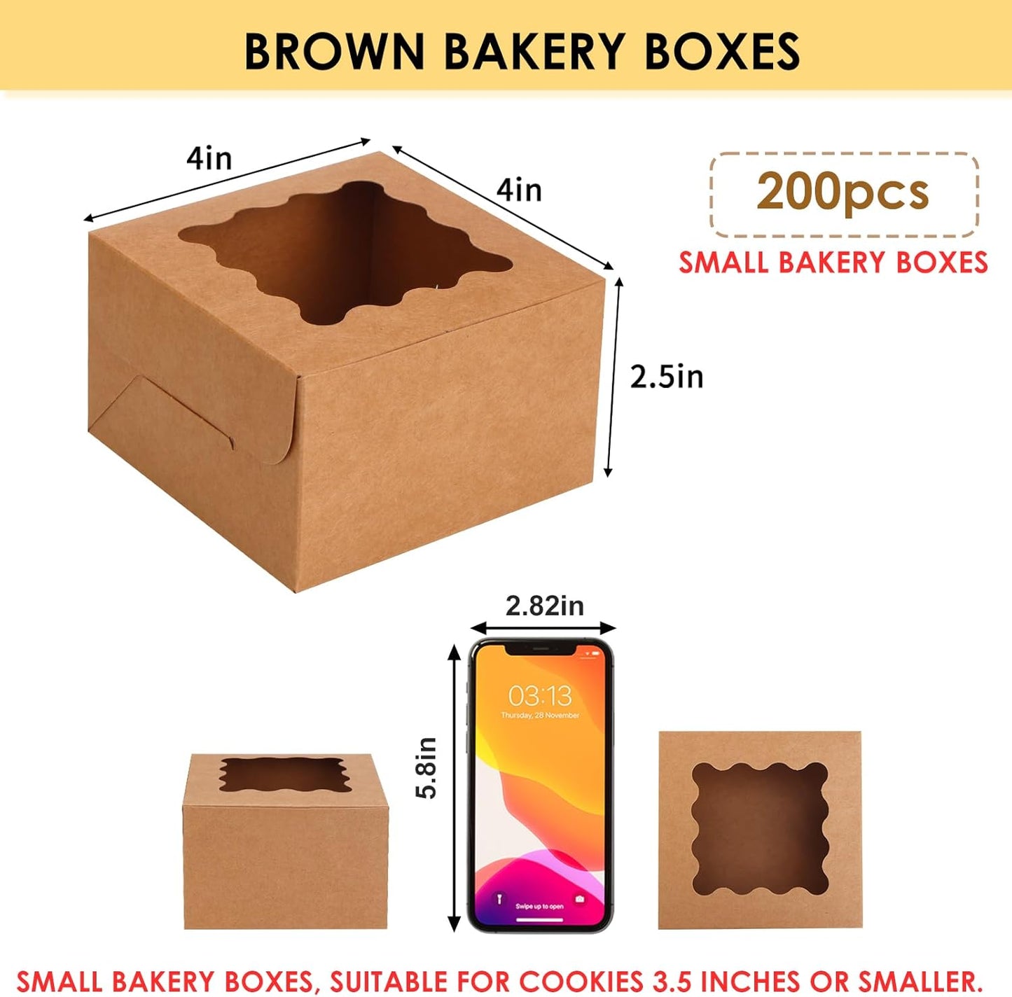 Moretoes 120pcs White Bakery Boxes, 4x4x2.5 Inch Cookie Boxes with Window for Small Cake, Treats, Donuts, Candy