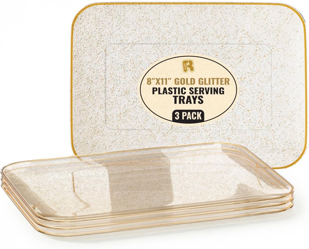 3 Pack Plastic Serving Trays for Party - Gold Serving Tray 8 x 11 Inch - Heavy Duty Dessert Trays for Food - Rectangular Party Serving Trays for Entertaining - Clear Cookie Platters
