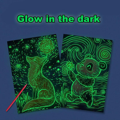 Georgie Porgy Scratch Paper Art Set for Kids Adults Magic Rainbow Scratchboards for DIY Arts and Crafts Kits Christmas Birthday Gift with Scratching Tools Kit (A4-Noctilucent Whale + Sea World)
