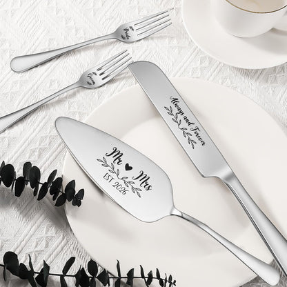 Wedding Cake Knife and Server Set, 4 Pack Stainless Steel Cake Cutting Knife, Slicer and Forks Server for Wedding, Anniversary, Birthday(Silvery)