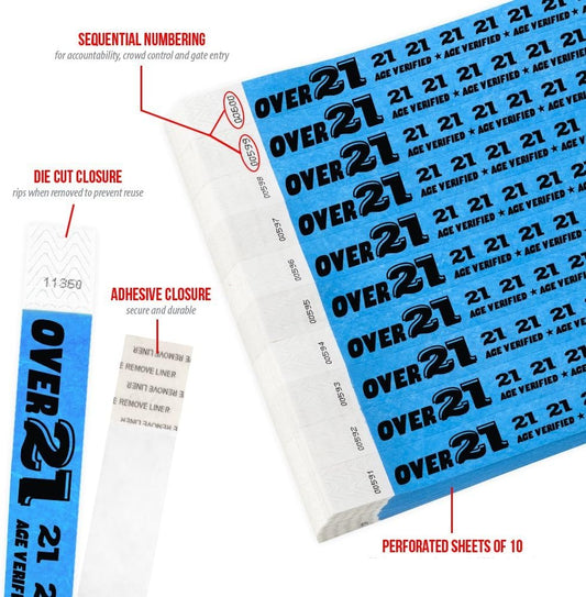 500 WristCo Over 21 Neon Red Tyvek Wristbands for Events - ¾” x 10” - Waterproof Recyclable Comfortable Tear Resistant Paper Bracelets Wrist Bands for Concerts Festivals Admission Party