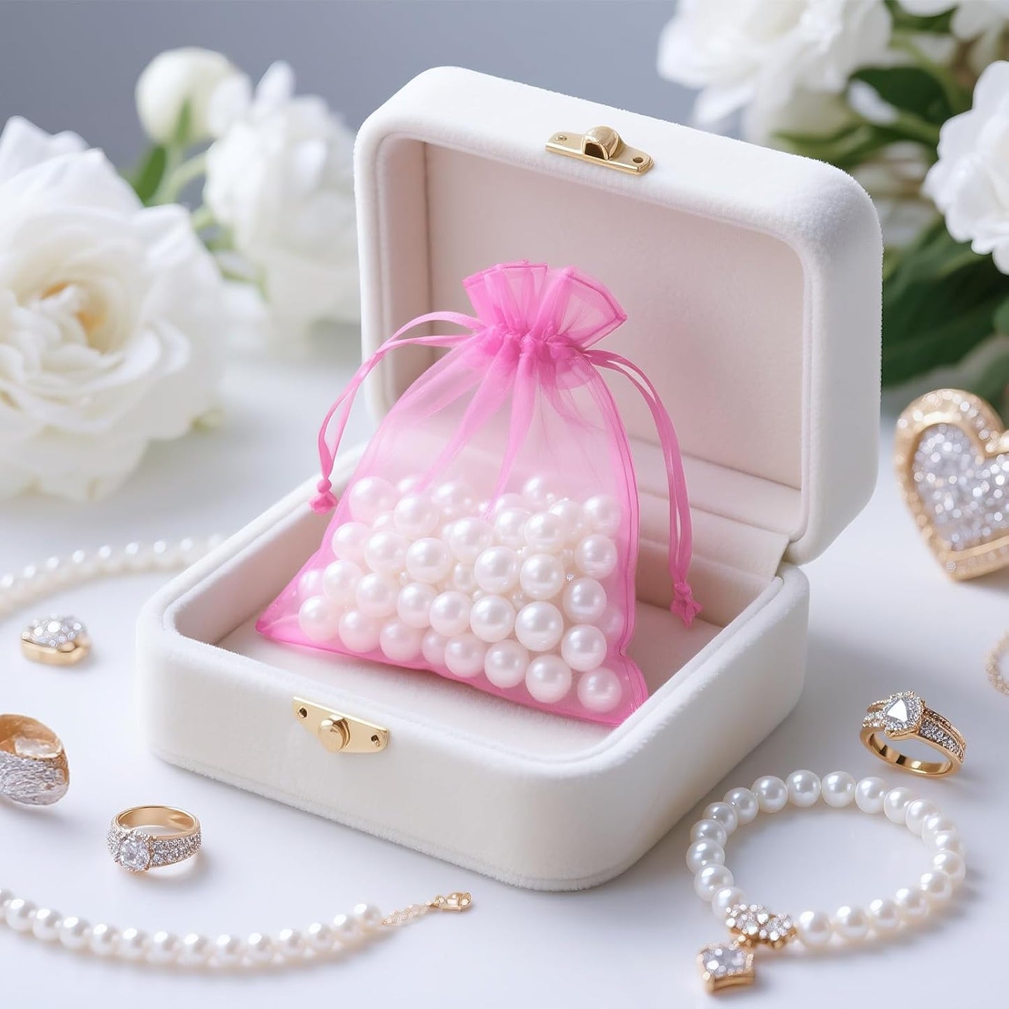 joycraft 50Pcs Organza Bags, 2x3 inch Gift Favor Bags, White Wedding Favor Bags, Jewelry Pouches with Drawstring, Mesh Bags Drawstring for Jewelry, Festival, Makeup, Candy, Desserts