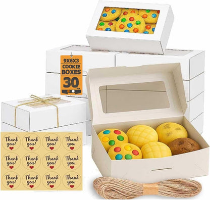 Leafiew 30 Pack Cookie Boxes with Window for Gift Giving – 9x6x3 Inches Bakery Boxes - Small Cookie Containers for Treats, Desserts, Strawberries, Cupcake, Pastry, Charcuterie, Baked Goods (Brown)
