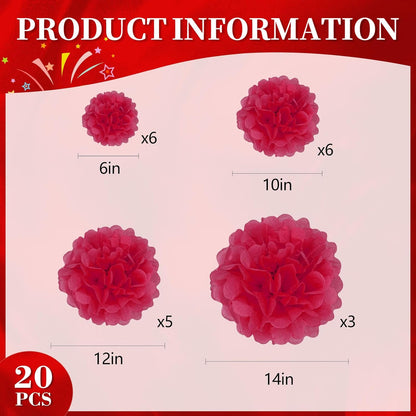 20 PCS Orange Tissue Paper Pom Poms, Tissue Pom Poms Flowers, Sizes of 6", 10", 12", 14" Hanging Paper Flower Ball for Wedding, Birthday, Halloween, Christmas, Baby Shower Party Decor