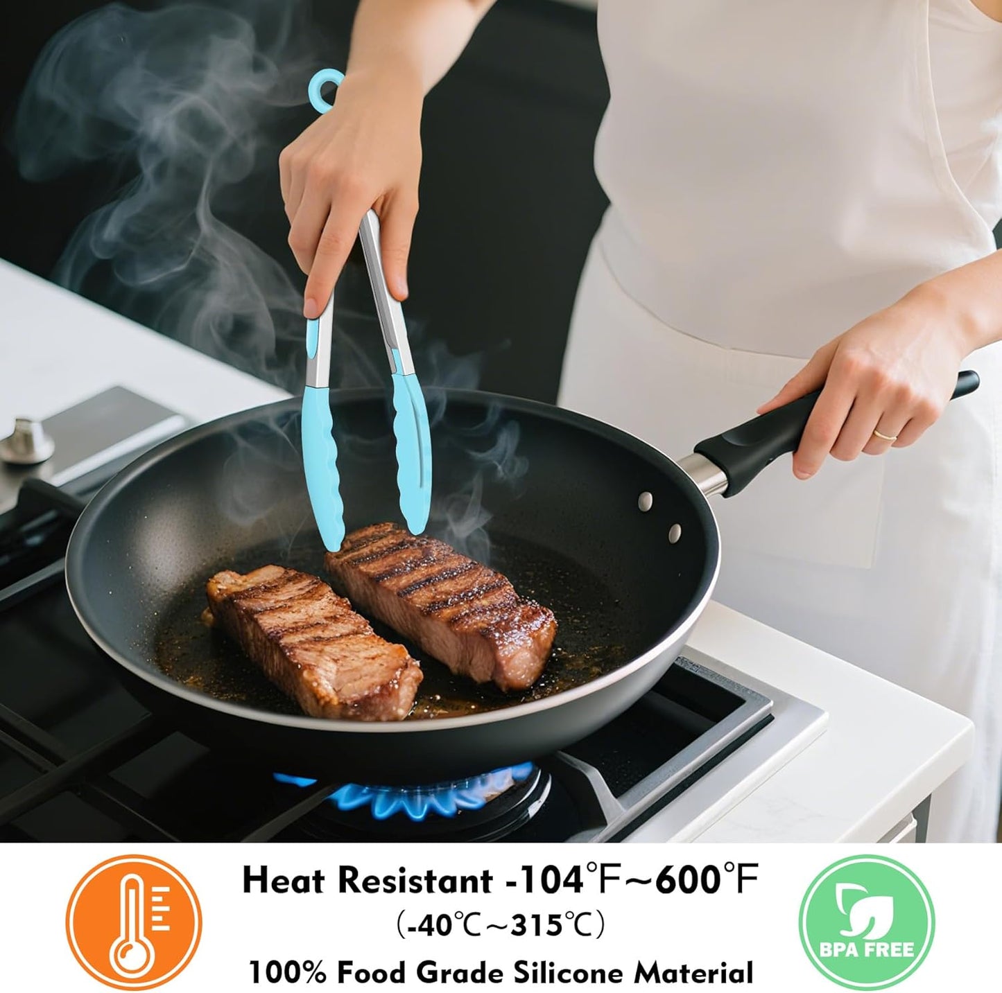 Hotec Mini Silicone Kitchen Tongs for Cooking - 7-Inch Small Serving Tongs with Silicone Tips, Set of 3 (Blue)