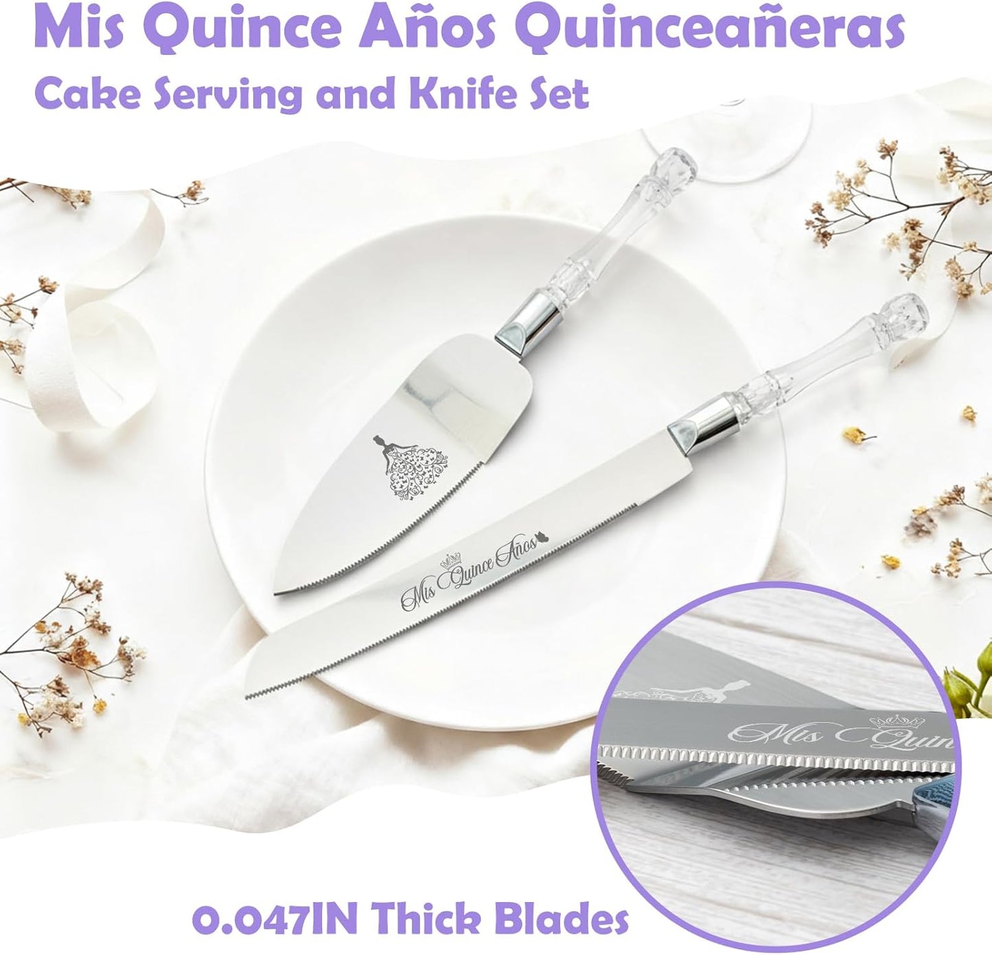 Mis Quince Años Quinceanera Cake Knife and Server Set - Sweet 15 Birthday Gifts for Girls, Feliz 15 Anos Party Decorations & Keepsake, Stainless Steel Cutting Set with Crystal Handles, Silver