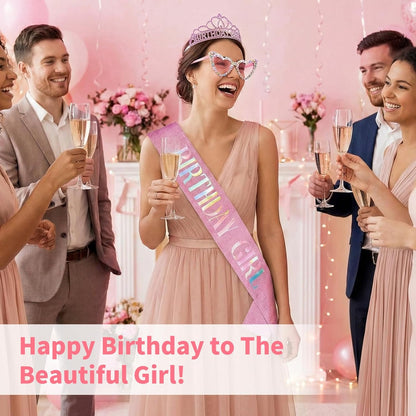3Pcs Birthday Girl Sash Headband Set-Birthday Sash Tiara and Crown Sunglasses for Girls Women
