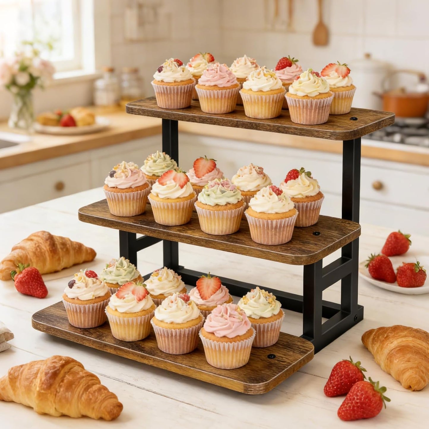 Lilybud--lily Cupcake Stand for 50 Cupcakes, 4 Tier Wooden Risers Display Stands Stepped Dessert Table Display Set with Metal Frame Tiered Tray Stand Serving Trays for Party Farmers Market Display