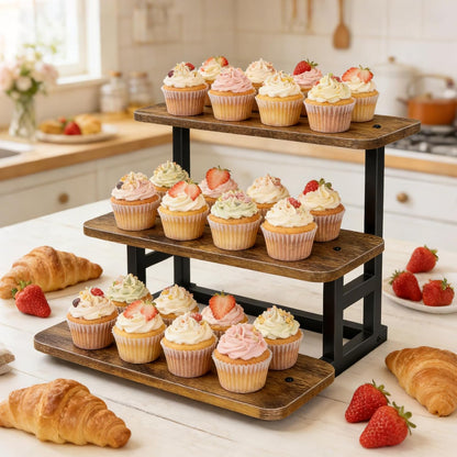 Lilybud--lily Cupcake Stand for 50 Cupcakes, 4 Tier Wooden Risers Display Stands Stepped Dessert Table Display Set with Metal Frame Tiered Tray Stand Serving Trays for Party Farmers Market Display