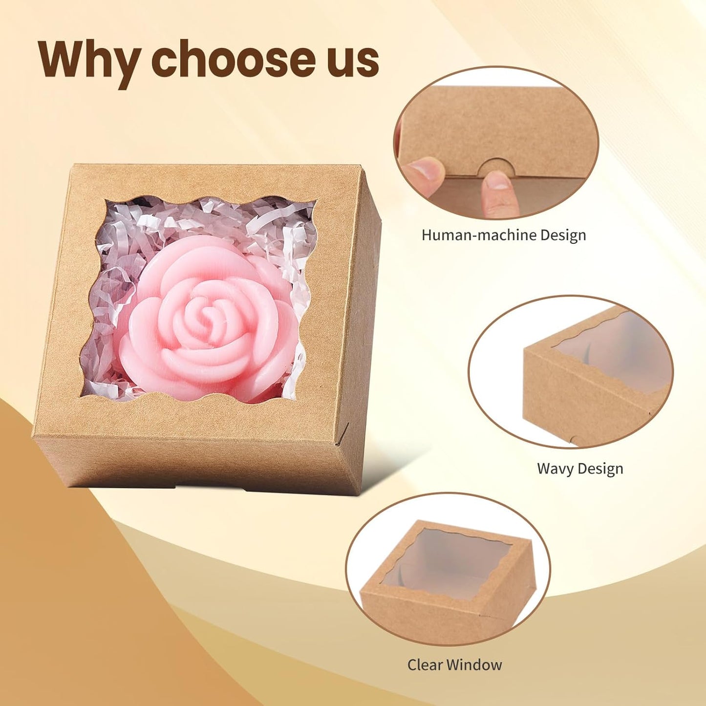 RomanticBaking 3 ¼" x 3 ¼" x 1 ½" 50PCS Chocolate Truffle Boxes for 4，Cookies Boxes Mini Bakery Boxes with Window for Brownie,Soap,Donut