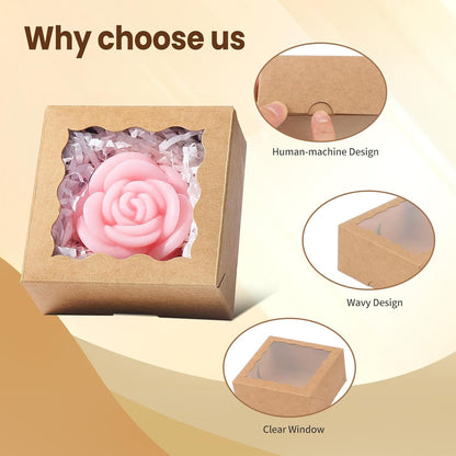 RomanticBaking 3 ¼" x 3 ¼" x 1 ½" 50PCS Chocolate Truffle Boxes for 4，Cookies Boxes Mini Bakery Boxes with Window for Brownie,Soap,Donut