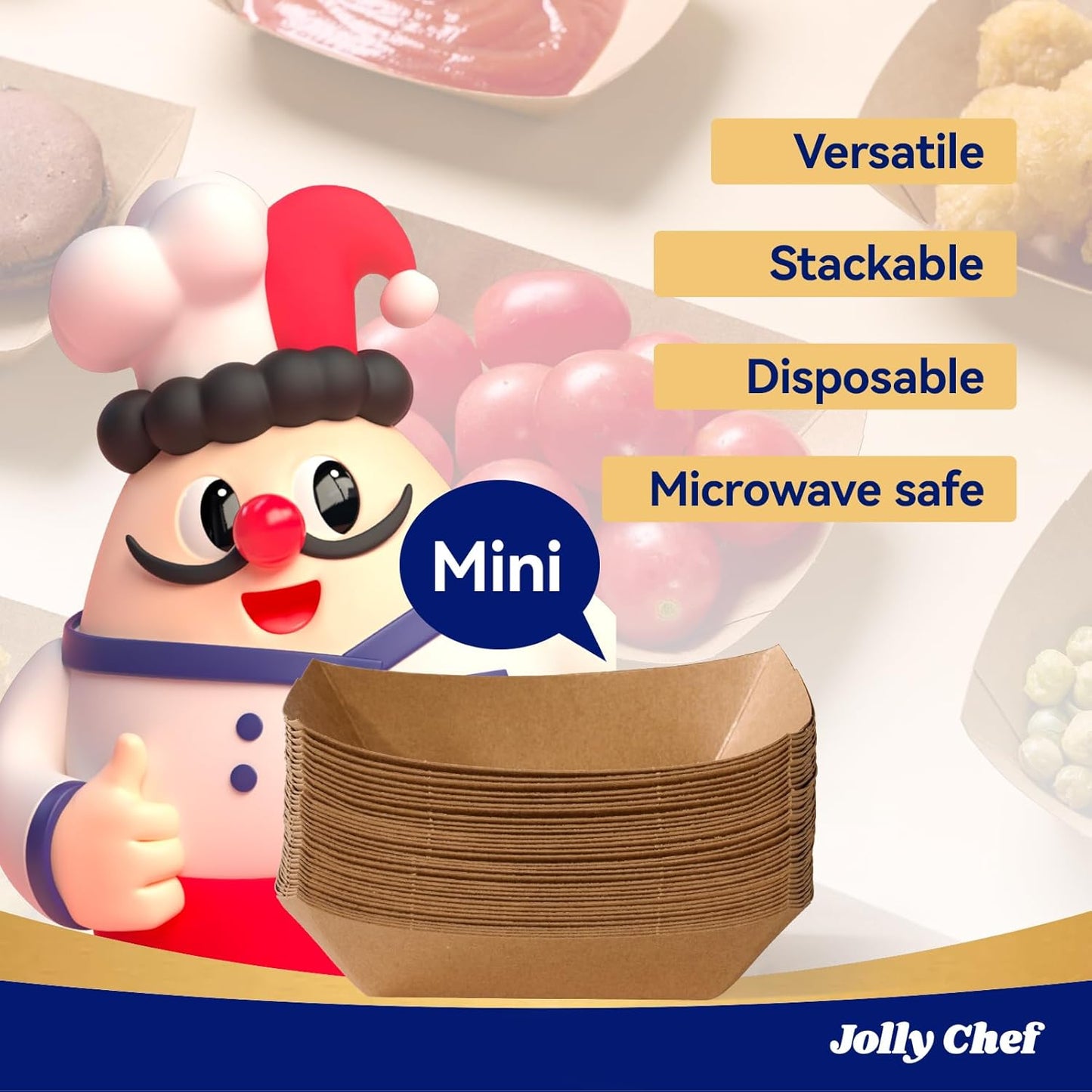 JOLLY CHEF 3lb Paper Food Trays,250 Pack Disposable Boat, Extra Large Food Serving Holder Tray for Gameday,Party, Nachos, Hot Dogs, Taco, French Fries