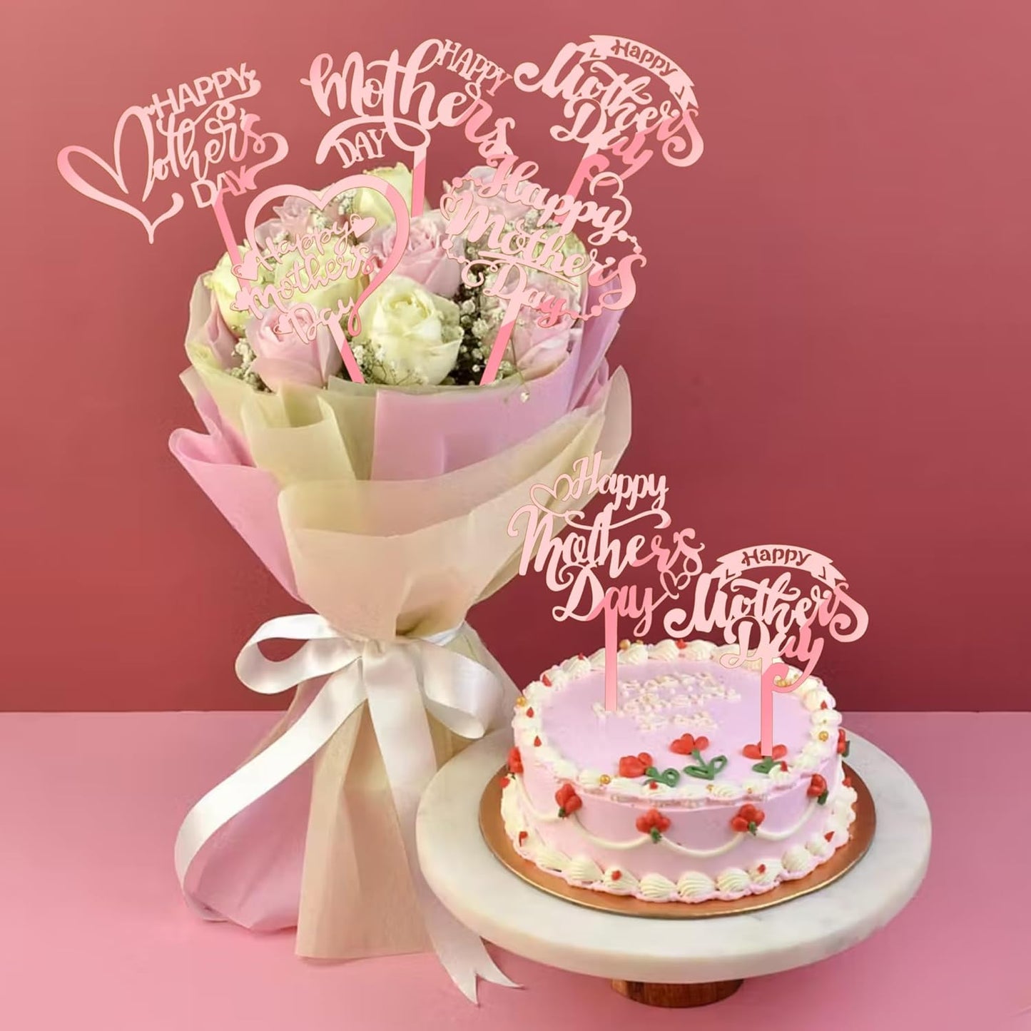 24 PCS Happy Mother's Day Cupcake Toppers with Glitter Heart Love Mother Best Mom Cupcake Picks for Happy Mother's Day Theme Women Birthday Party Cake Decorations Supplies Rose Gold