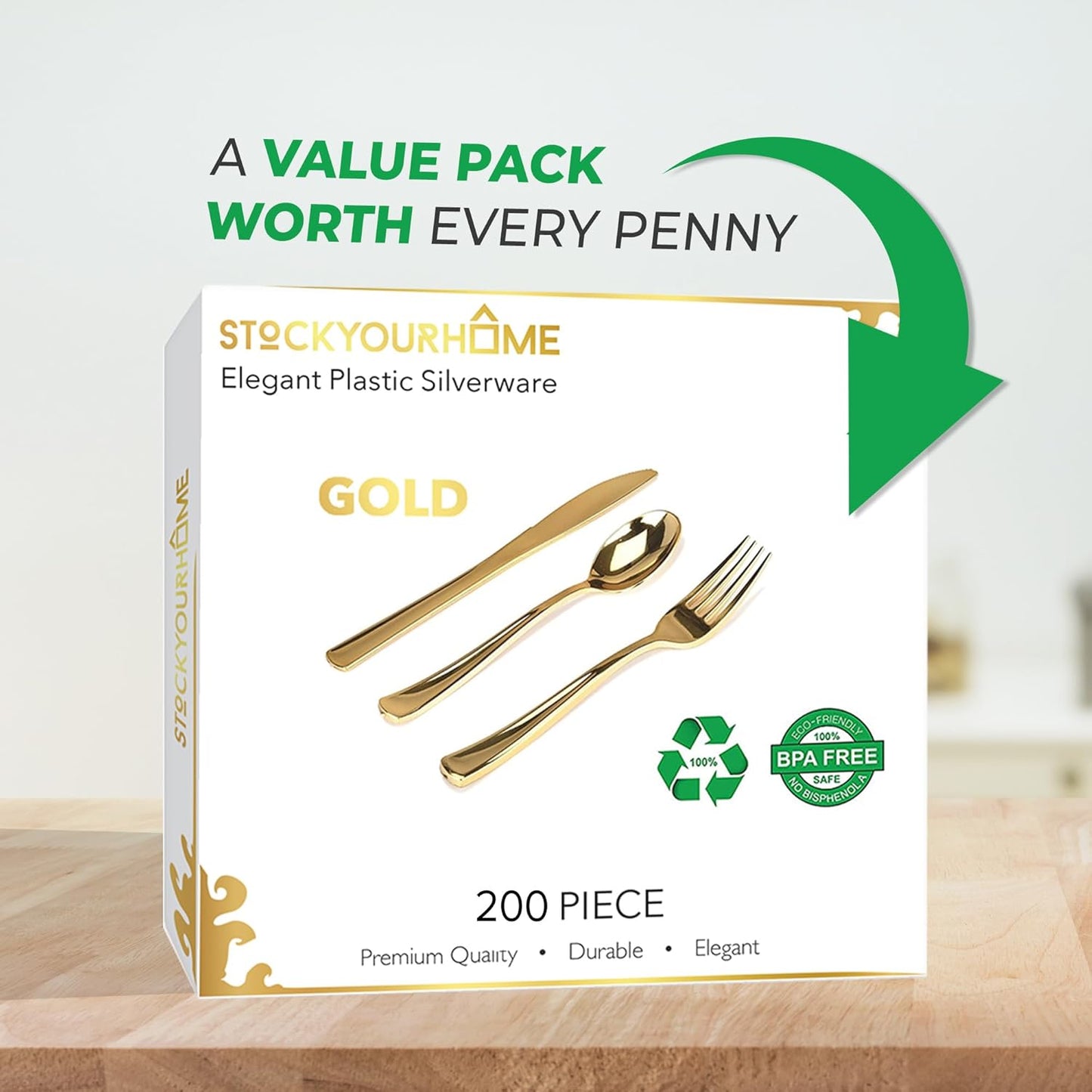 Gold Plastic Silverware Set (160 Bulk Pack) Disposable Cutlery Utensils, 80 Gold Forks, 40 Gold Knives, 40 Gold Spoons, Heavy Duty Flatware For Holidays, Parties, Dinners, Weddings, and Occasions