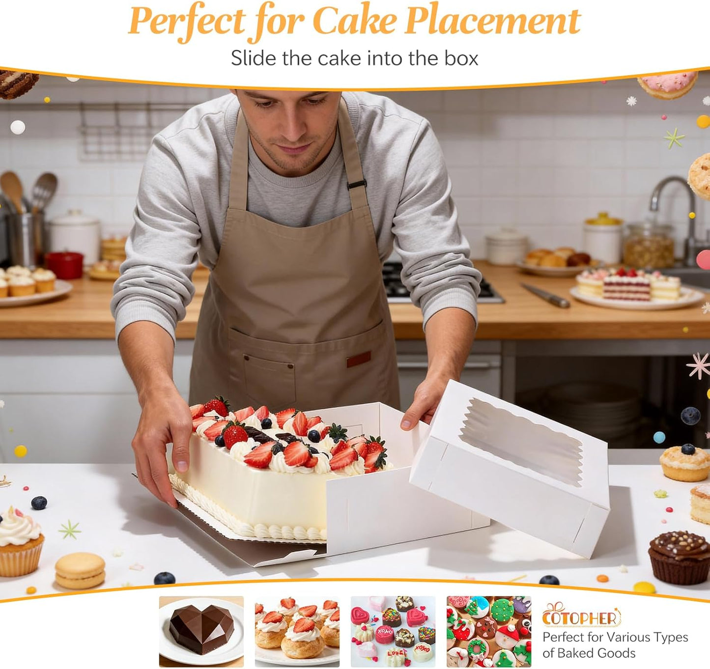 COTOPHER 50 Pcs Cake Boxes 8 Inch, 8x8x5 Inches Cake Containers (25 Boxes & 25 Boards), White Bakery Boxes with Windown for Cookies, Desserts, Cupcake, Pastries, Birthday, Wedding, Mother's Day