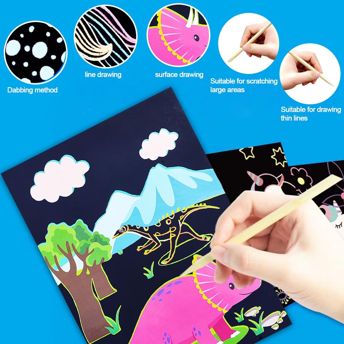 JUNQIU Scratch Art for Kids, Unicorns Black Rainbow Scratch Art Paper Set-Arts and Crafts & Supplies, DIY Activity & Party Games, Gifts for Toddlers, Girls & Boys Ages 3, 4, 5, 6, 7, 8