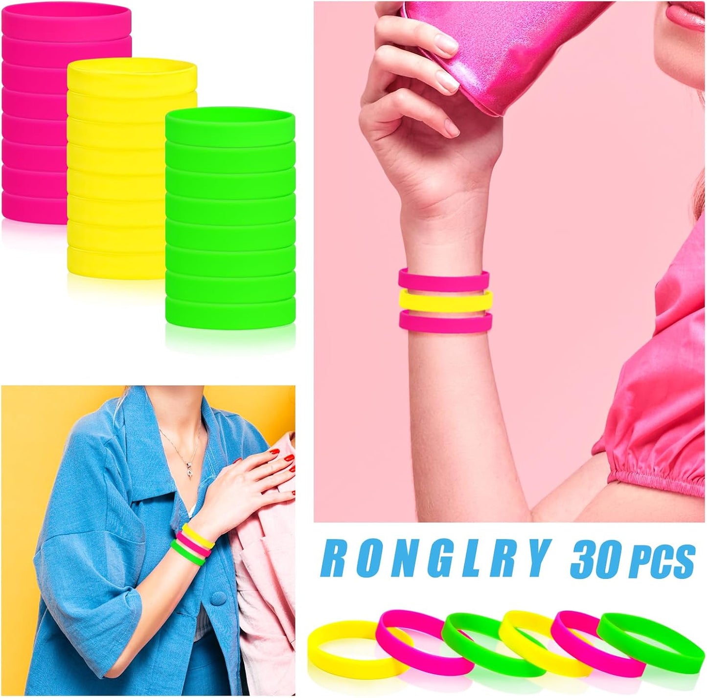 Ronglry 30pcs Neon Bracelets 80s Silicone Friendship Bracelet Bulk Colorful Silicone Wristbands Stretch Neon Bracelets for Glow Party Halloween Costume Accessories 80s Jewelry for Women Men