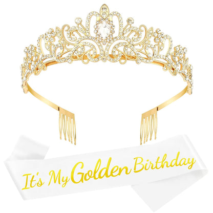 It's My Golden Birthday Sash and Crown Set for Women Girls Birthday Party Decorations Decor Party Favors Gifts