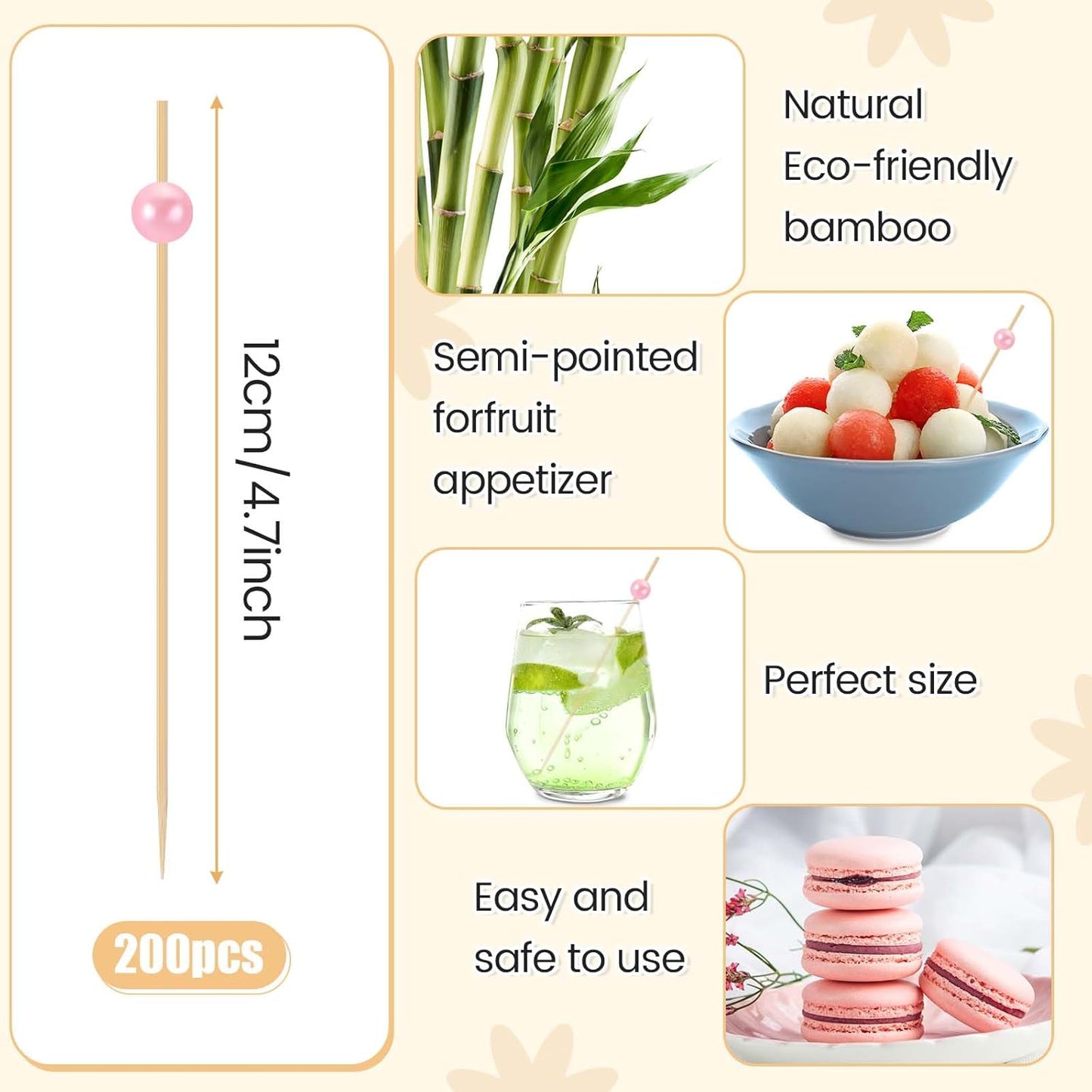 200 Pcs Cocktail Picks Long Cocktail Toothpicks Bamboo Toothpicks for Appetizers Fruits Food Skewers Sticks for Drinks Dessert Wedding Birthday Party(Fish Style)