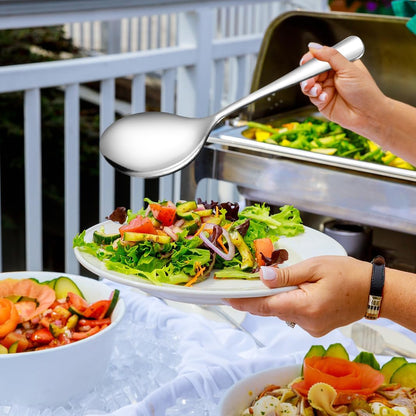 Teivio Stainless Steel Metal Serving Utensils - Large Set of 9-10" Spoons, 10" Slotted Spoons, and 9" Tongs (Silver)