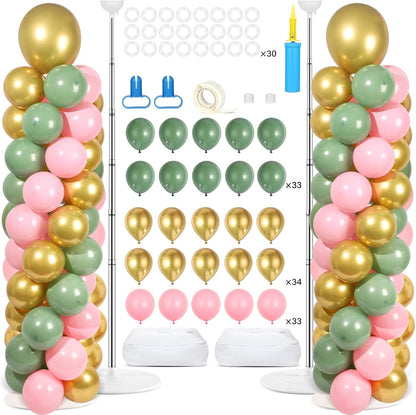2 Set Black and Gold Balloons Column Stand Kit with 100 Balloons Adjustable Balloon Stand with Bases for Floor Black Gold Confetti Balloon Column Kit for Bridal Shower Valentine Birthday Party Decor
