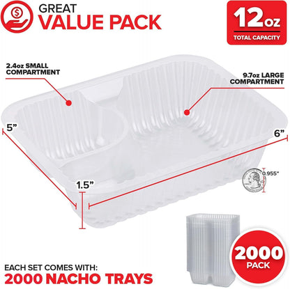 12oz Plastic Nacho Trays (100 Pack) Small Disposable Tray for Nachos & Cheese Dip, Concession Stand Supplies, Movie Night Snacks for Kids, Carnival Party Decorations, Food Boats, Snack Containers…