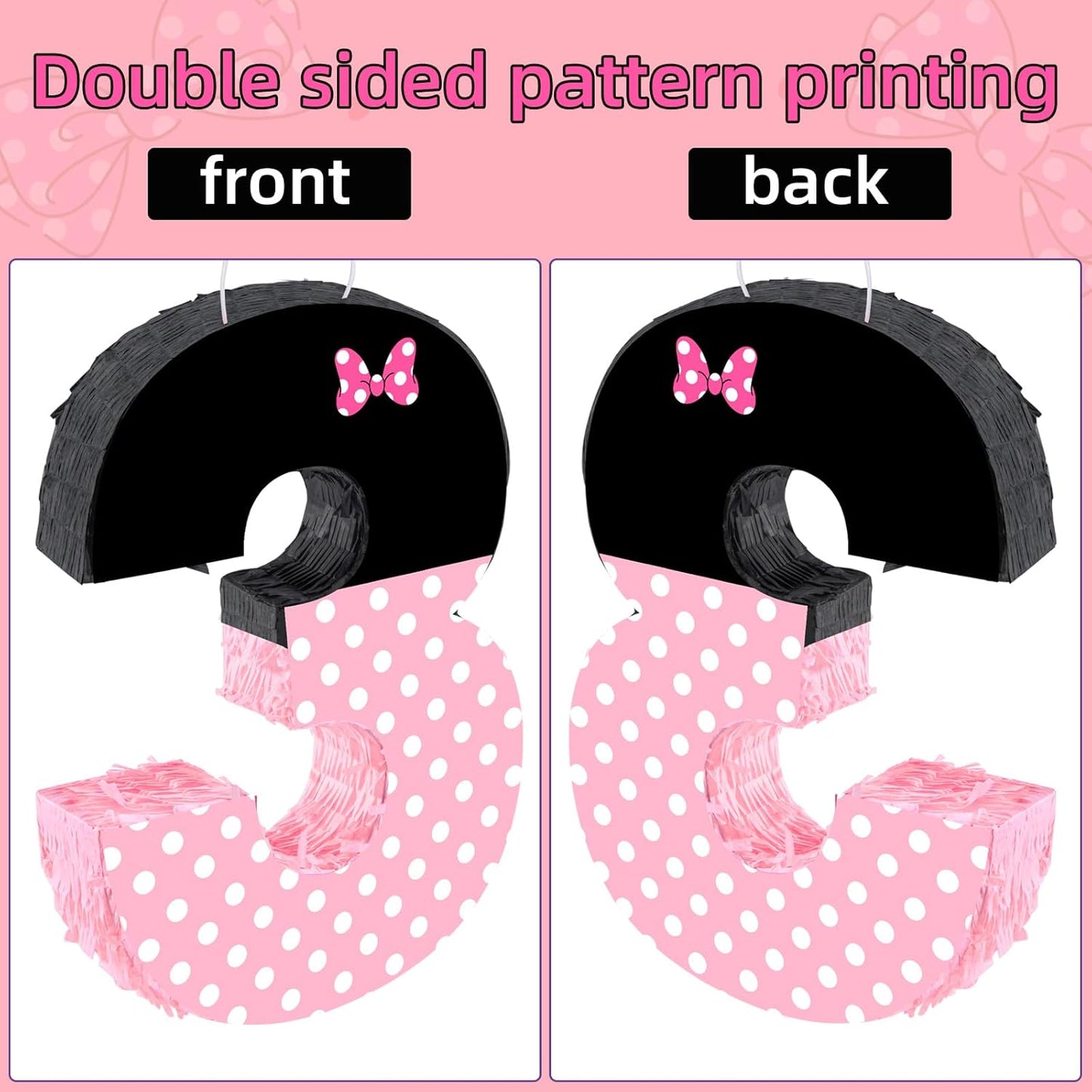 15.7 x 11.5 x 3 Inch Pink Bow Number 2 Pinata,Pink Bow Birthday Decorations, Fillable Hanging Piñata with Stick Blindfold Confetti for Girls Boys 2nd Anniversary Party Decorations