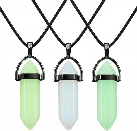 Hicarer 3 Pieces Halloween Luminous Fluorescent Crystal Necklaces Glow in the Dark Crystal Pendant Necklaces Hexagonal Gemstone Chain Necklaces