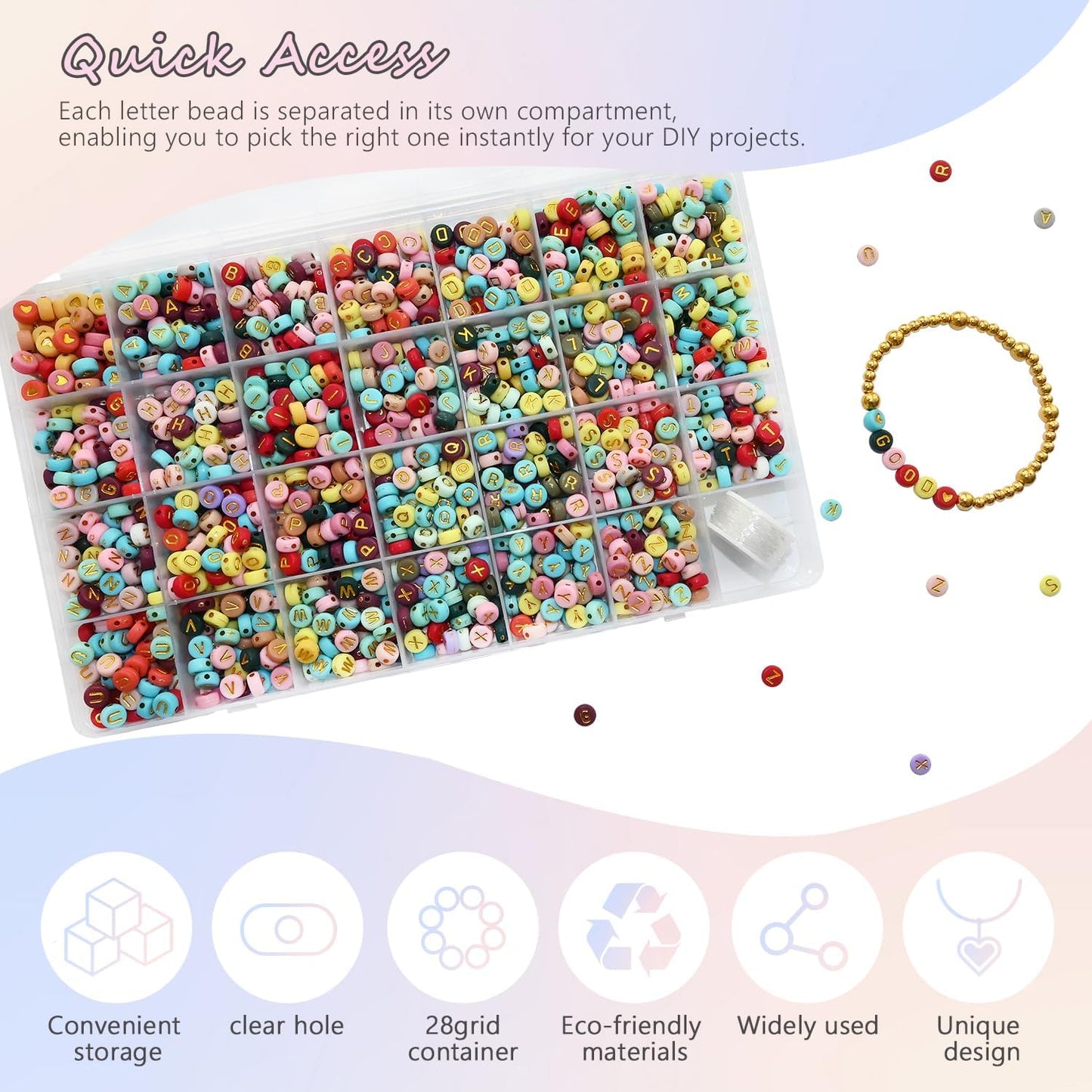Amaney 1400pcs Glow Letter Beads, Heart Beads Whit Elastic Beading Cord,4x7mm Round Acrylic Alphabet Beads for Friend Bracelet Jewelry Making