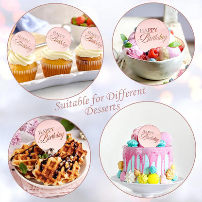 20pcs Gold Mirror Acrylic Happy Birthday Cupcake Toppers Round Engraved Cake Picks Happy Birthday Cake Toppers for DIY Birthday Gift Flower Bouquet Pastries Desserts Decor