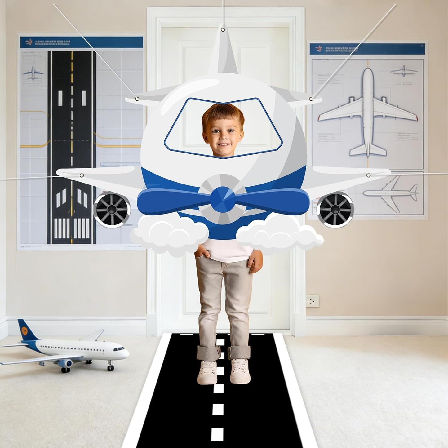 Airplane Shaped Photo Prop Selfie Frame Airplane Birthday Decoration Fabric Aircraft Backdrop Banner with Long Racetrack Floor Mat Plane Themed Background for Kids Baby Shower Birthday Party Supplies