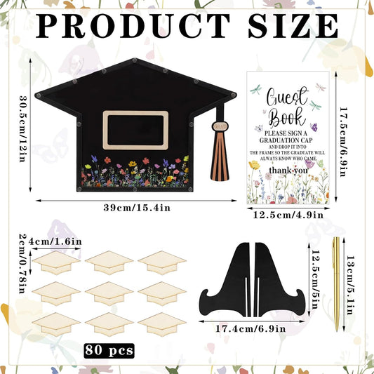 Yalikop 84 Pcs Wildflower Graduation Guest Book Alternative 2026 Graduation Signature Grad Cap Signing Frame with 80 Wood Slices, Pen & Stand Grad Keepsake Gift for High School College Party