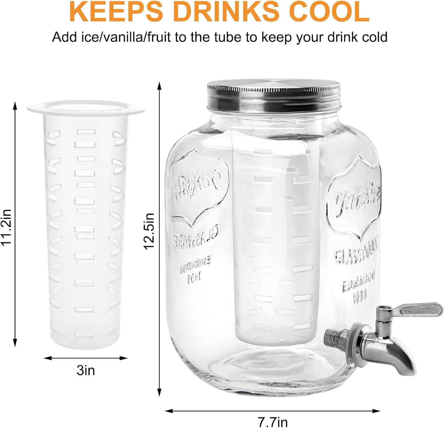 1 Gallon Glass Beverage Dispenser with Lid, Stainless Steel Spigot, Glass Drink Dispensers for Parties, Lemonade Dispenser With Ice Cylinder for Weddings, Party,Sun Tea Jar, Water Juice Dispensers