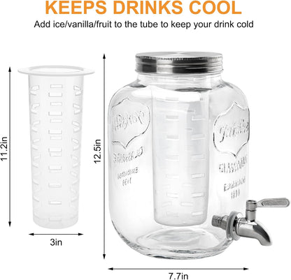 1 Gallon Glass Beverage Dispenser with Lid, Stainless Steel Spigot, Glass Drink Dispensers for Parties, Lemonade Dispenser With Ice Cylinder for Weddings, Party,Sun Tea Jar, Water Juice Dispensers