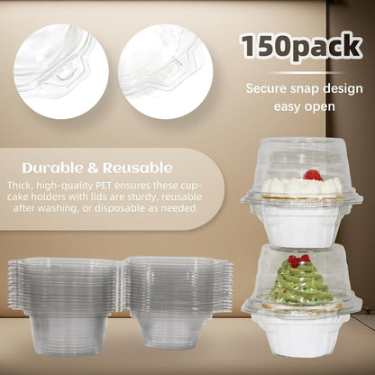 WIKDAY 50 Pcs Individual Cupcake Containers, Clear Plastic Cupcake Holders with Lids, Spacious 3" Design for Frosted Cupcakes, Stackable & Reusable for Parties, Baking, Picnics