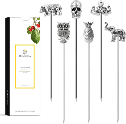Homestia Stainless Steel Cocktail Picks, 4.7 Inch Reusable Martini Olive Picks, Metal Garnish Skewers for Drinks, Appetizers, Bloody Mary - Set of 6 Metal Cocktail Picks for Party Bar