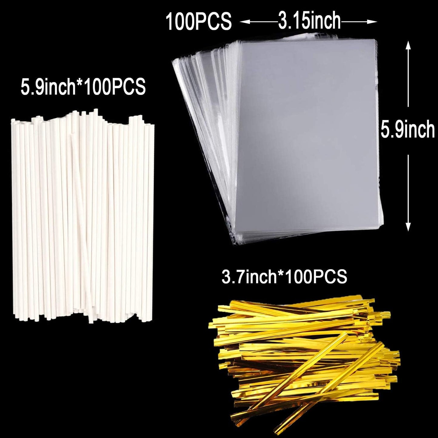 300PCS Lollipop Cake Pop Treat Bag Set Including 100pcs Parcel Bags, Papery Treat Sticks, Gold Metallic Twist Ties for Making Candies, Chocolates and Cookies