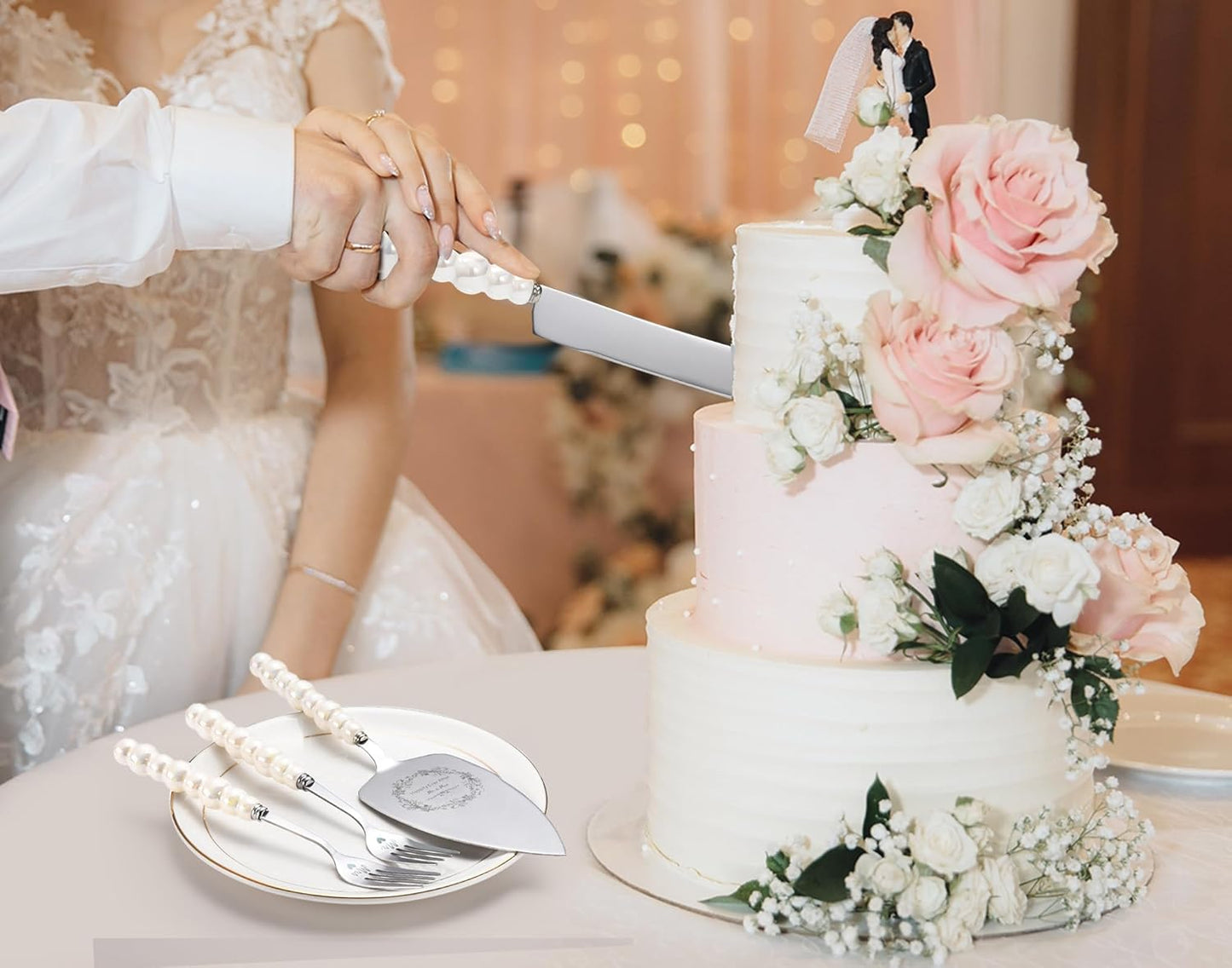 Wedding Cake Knife and Server Set, Gold Ceramic Pearl Handle Cake Cutting Set for Weddings, Engagements, Anniversaries, and Engagement Gifts for Couples