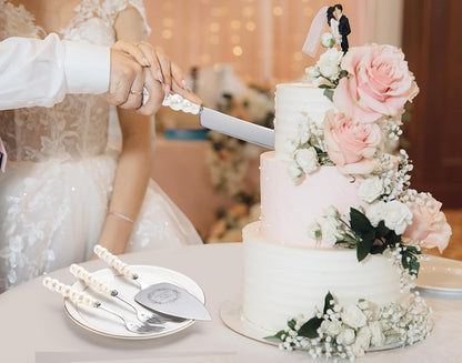 Wedding Cake Knife and Server Set, Gold Ceramic Pearl Handle Cake Cutting Set for Weddings, Engagements, Anniversaries, and Engagement Gifts for Couples