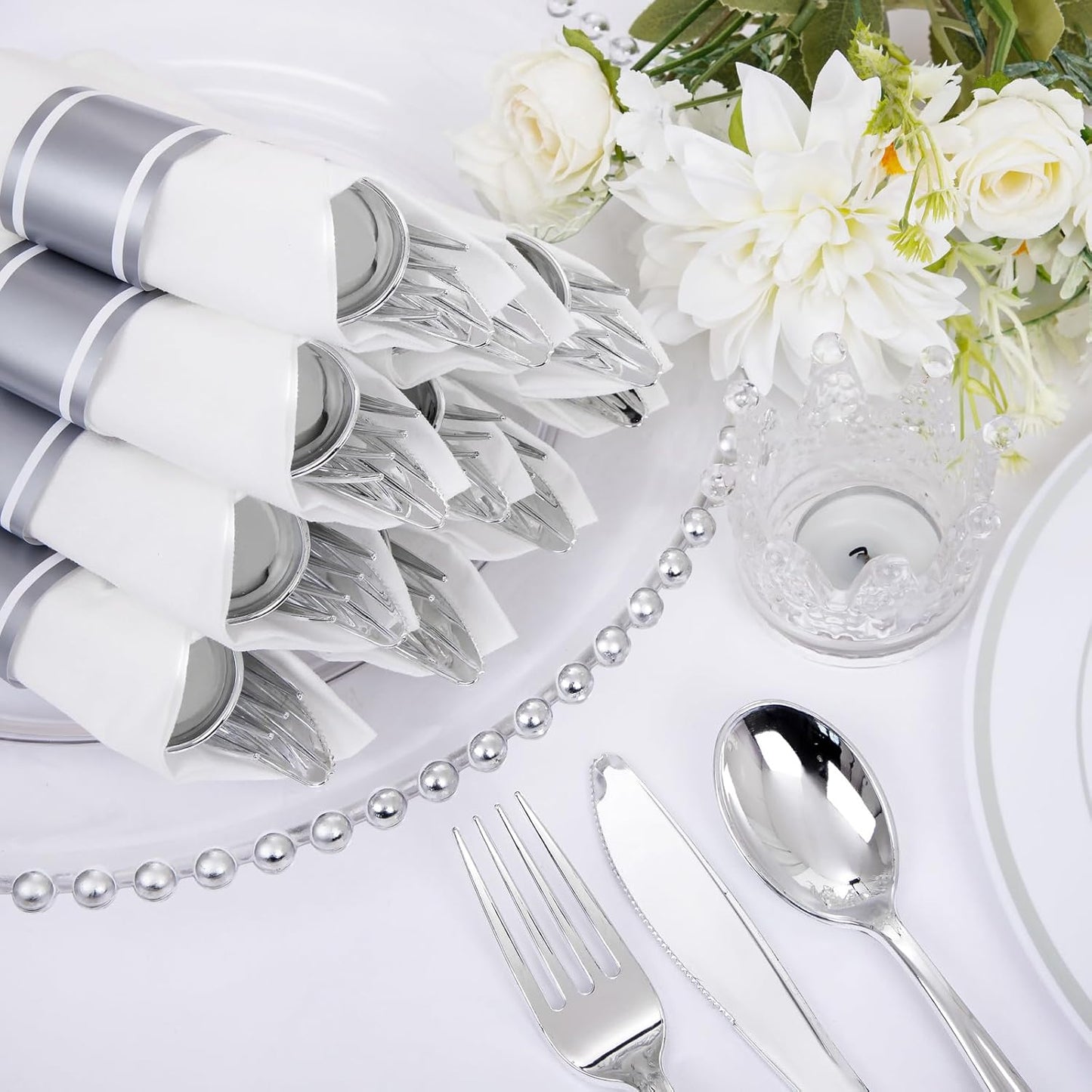 Supernal 240 Silver Plastic Silverware Set - 60 Sets Pre Rolled Napkins with Cutlery - Mirror Polished Real Look Disposable Silver Utensils- Elegant Heavy Duty Flatware for Weddings & Catering