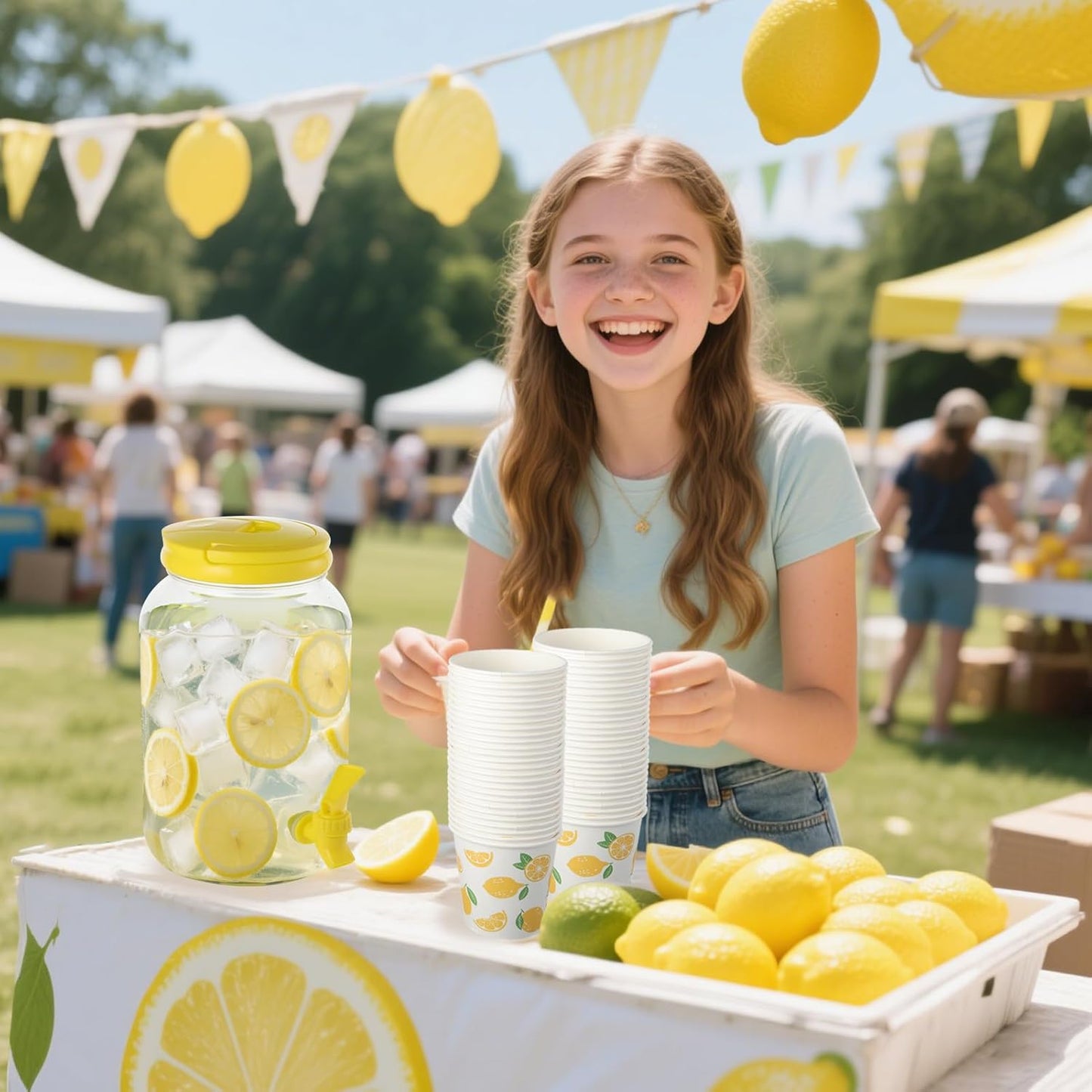 2 Pcs Plastic Beverage Dispenser with Spigot and 40 Pcs Lemon Paper Party Cups Kitchen Fridge Clear Plastic Drink Summer Beverage Dispenser for Summer Parties Water Lemon Juice Tea Beer