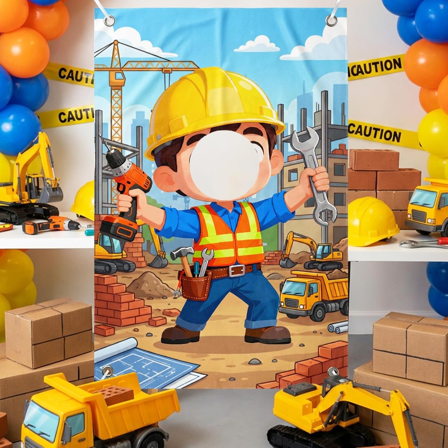 Serencatcher Engineer Party Decorations Photo Prop Backdrop 5x3.3ft Engineer Theme Cutout Backdrop Photo Booth Props Face in Hole Background Banner for Birthday Baby Shower Party Supplies Selfie Frame