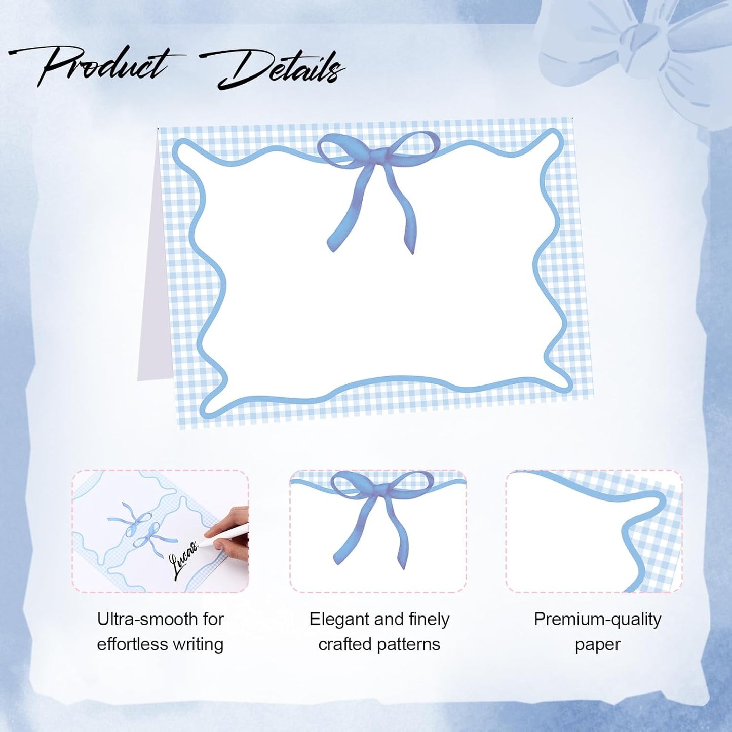 Maitys 24 Pcs Blue Gingham Picnic Party Decoration Bow Place Cards 6 x 4 Inch Summer Themed Bow Tent Card Large Holiday Table Setting Food Label for Summer BBQ Bridal Showers Supplies