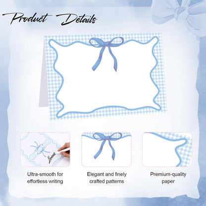 Maitys 24 Pcs Blue Gingham Picnic Party Decoration Bow Place Cards 6 x 4 Inch Summer Themed Bow Tent Card Large Holiday Table Setting Food Label for Summer BBQ Bridal Showers Supplies