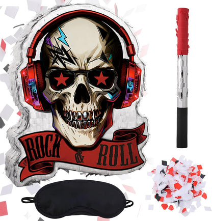 Rock and Roll Skeleton Piñata with Headphones Design Blindfold Hitting Stick Confetti for Music Themed Birthday Party (15.56 x 13.19 x 2.76 inch)